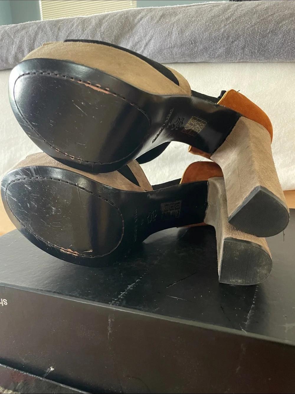 Dolce Vita Multi-Panel Platform Sandals in Black, Brown and Tan with Gold Trim